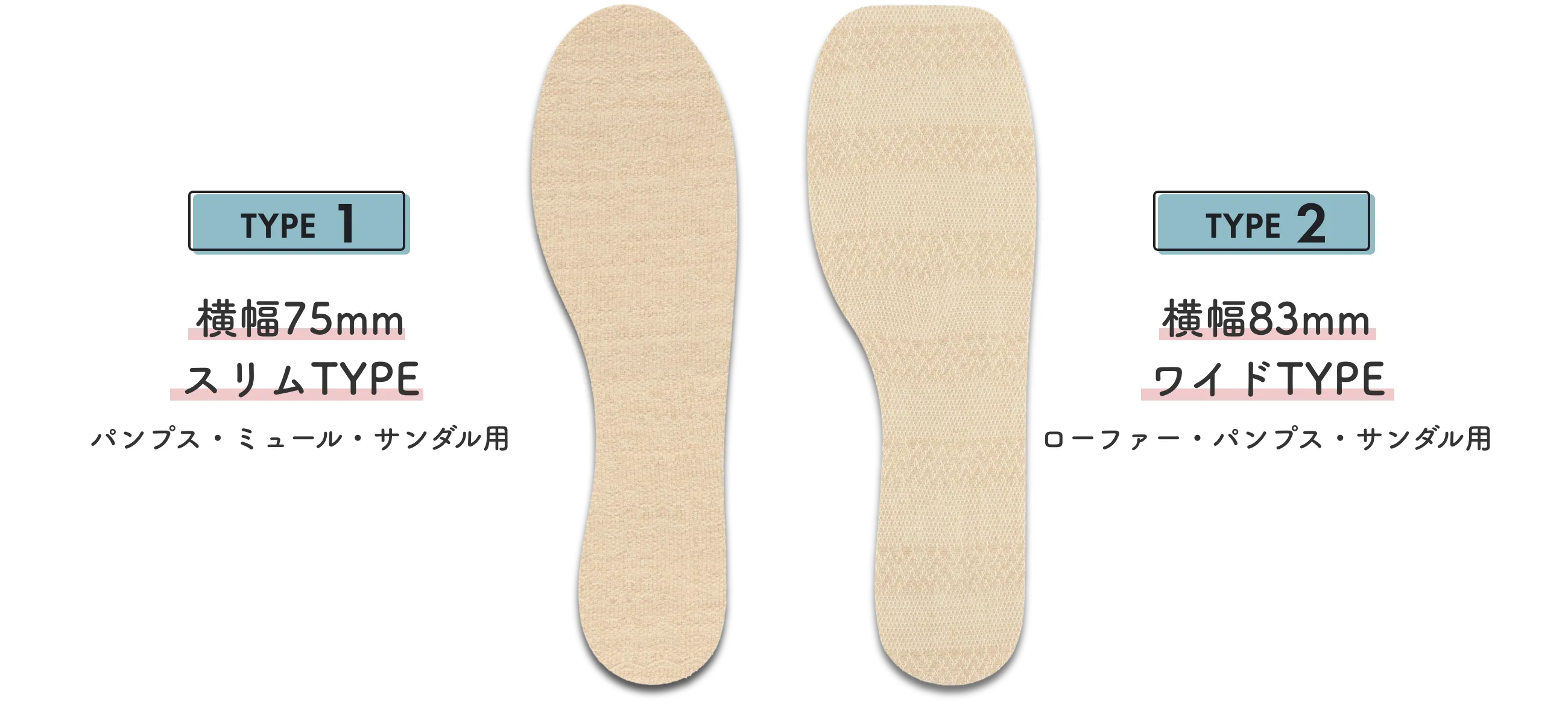 Type1 横幅75mm スリムタイプ パンプス・ミュール・サンダル用 Type2 横幅83mm ワイドタイプ　ローファー・パンプス・サンダル用