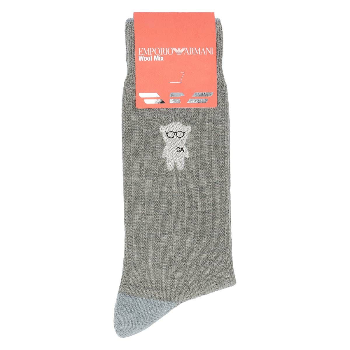 60✰62【2点】新品【アルマーニ】日本製 ソックス 毛混 マンガベア 靴下 EMPORIO ARMANI 毛混 マンガベア刺繍 リブカジュアルソックス クルー丈