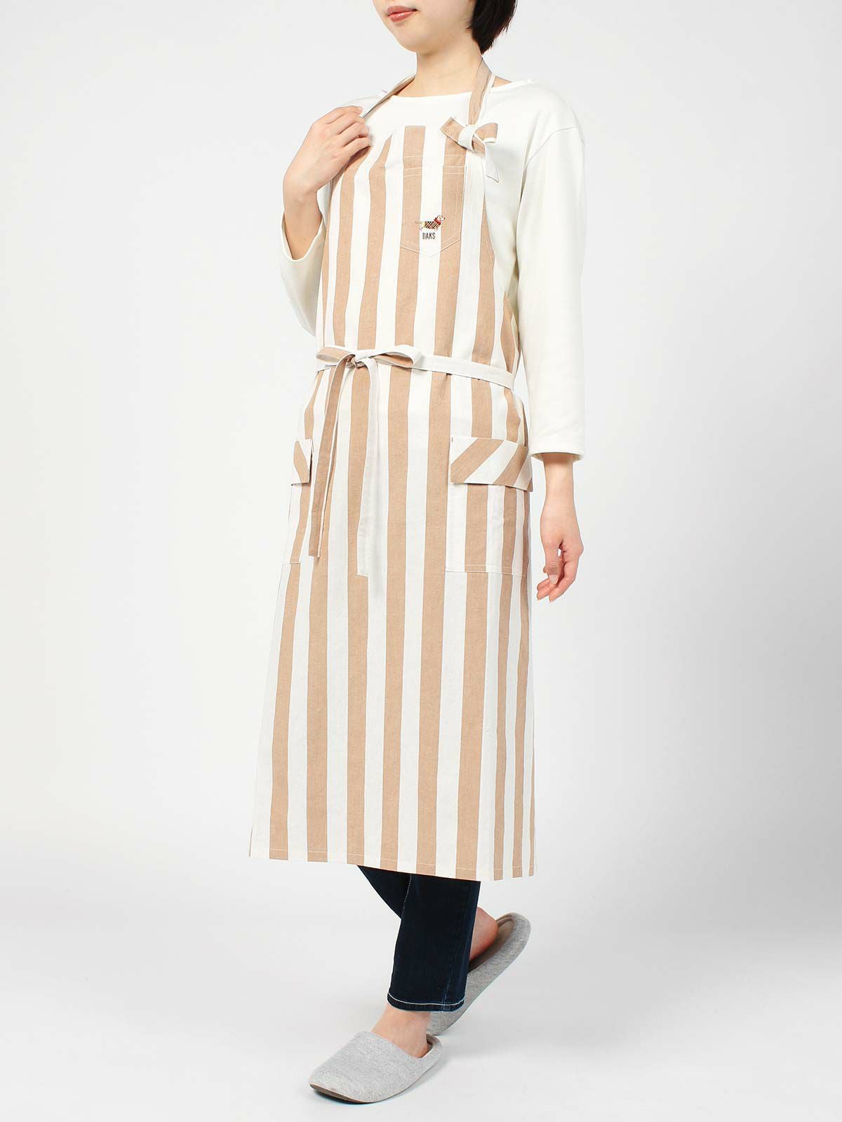 DAKS ロングエプロン DAKSDOG柄 綿麻混 先染め太ストライプ 首掛け 前