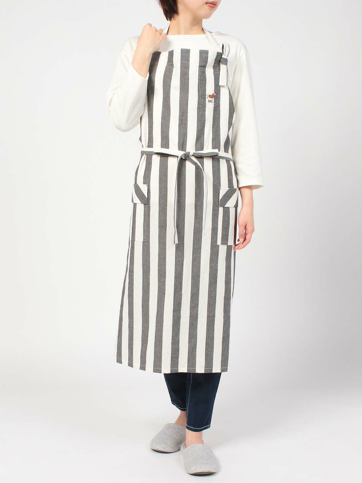 DAKS ロングエプロン DAKSDOG柄 綿麻混 先染め太ストライプ 首掛け 前