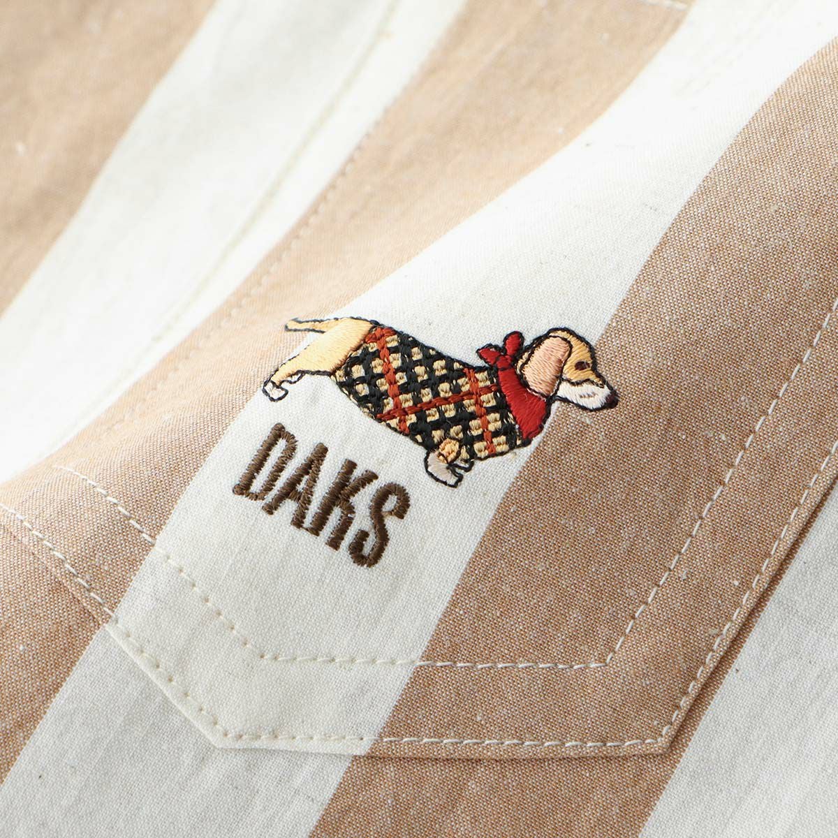 DAKS ロングエプロン DAKSDOG柄 綿麻混 先染め太ストライプ 首掛け 前