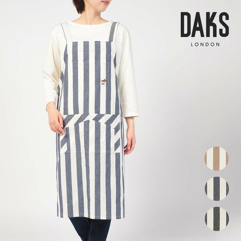 DAKSダックスDAKSDOG柄綿麻混先染め太ストライプ後ボタンH型ゆったり着れて疲れにくいエプロンレディース70093032
