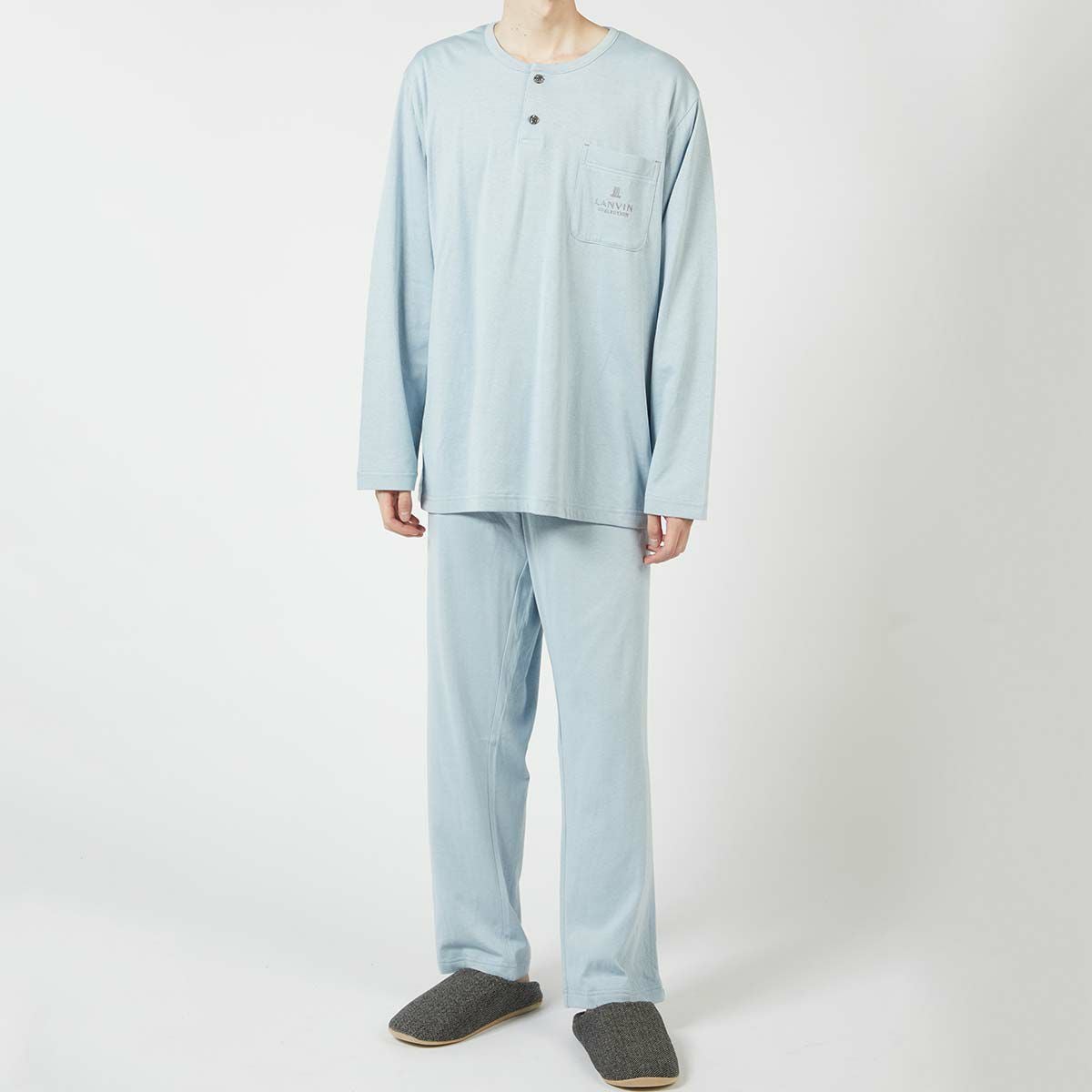 LANVINCOLLECTIONランバンコレクション上下セット【M・Lサイズ】綿100％先染め接結バイカラー長袖カットソーパジャマメンズ男性紳士部屋着あたたかいプレゼントギフト54430023