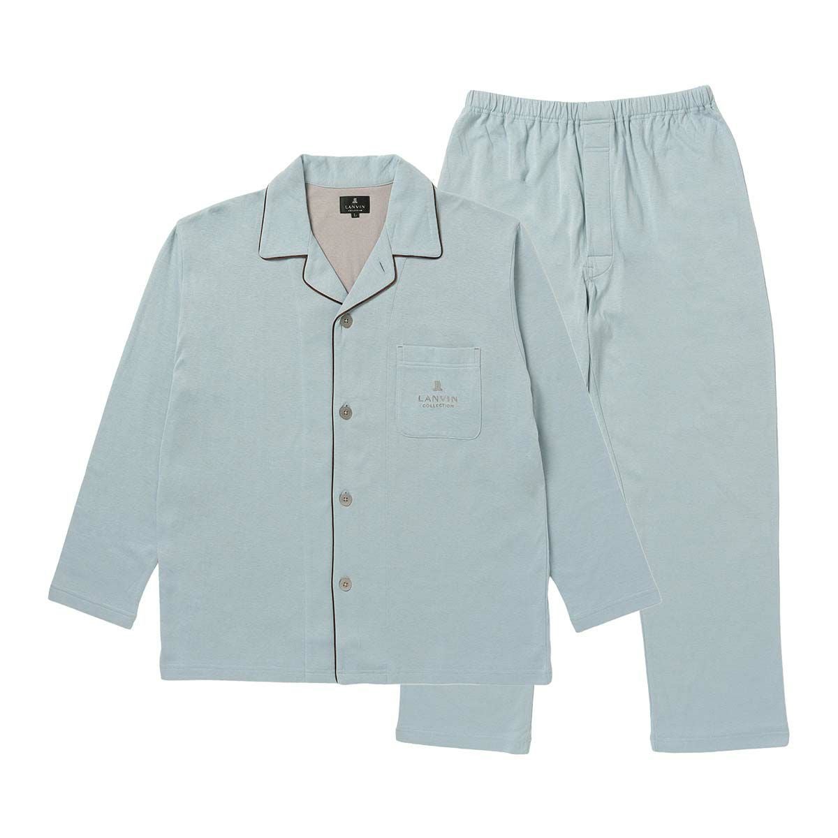 LANVINCOLLECTIONランバンコレクション上下セット【M・Lサイズ】綿100％先染め接結バイカラー長袖前ボタン前開きテーラーパジャマメンズ男性紳士部屋着あたたかいプレゼントギフト54430024