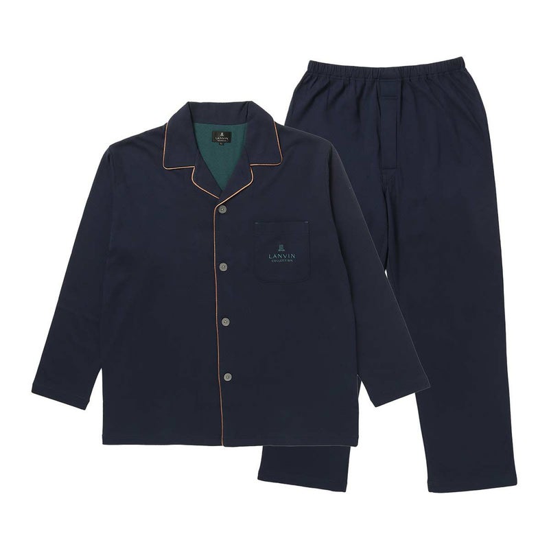 LANVINCOLLECTIONランバンコレクション上下セット【M・Lサイズ】綿100％先染め接結バイカラー長袖前ボタン前開きテーラーパジャマメンズ男性紳士部屋着あたたかいプレゼントギフト54430024