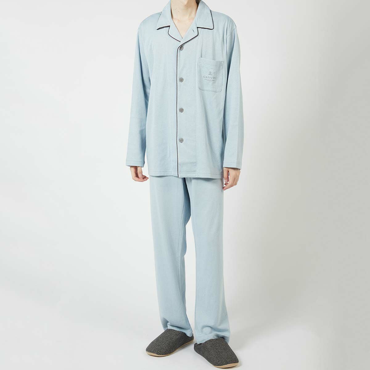 LANVINCOLLECTIONランバンコレクション上下セット【M・Lサイズ】綿100％先染め接結バイカラー長袖前ボタン前開きテーラーパジャマメンズ男性紳士部屋着あたたかいプレゼントギフト54430024