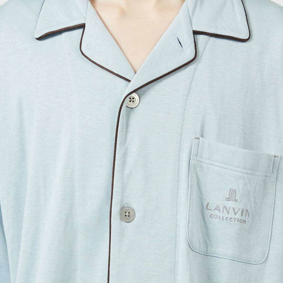 LANVINCOLLECTIONランバンコレクション上下セット【M・Lサイズ】綿100％先染め接結バイカラー長袖前ボタン前開きテーラーパジャマメンズ男性紳士部屋着あたたかいプレゼントギフト54430024
