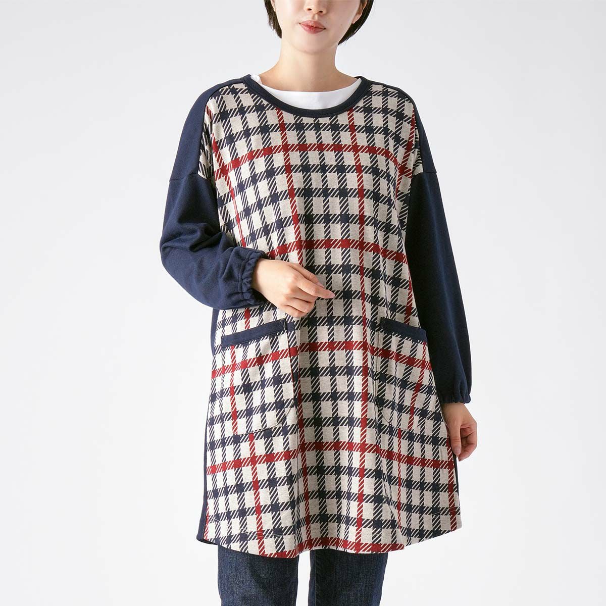 DAKS ニットジャガード 割烹着 HOUSE CHECK 後ボタン レディース