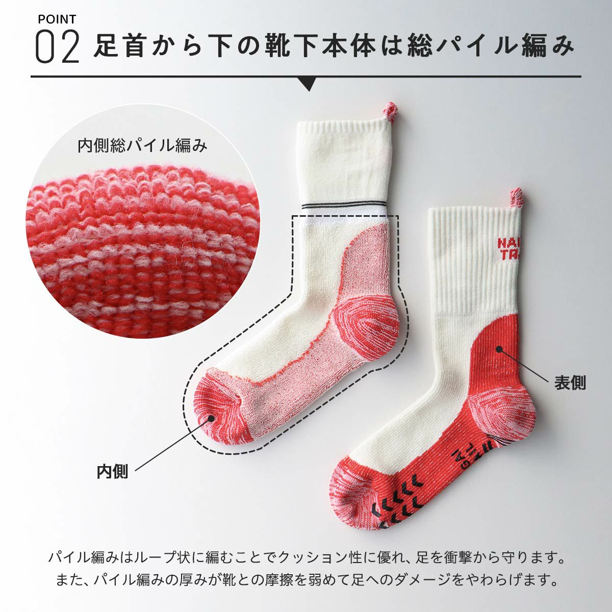 NAIGAI TRAIL メリノウール混 2重リブ 登山用靴下 総パイル 足口ループ
