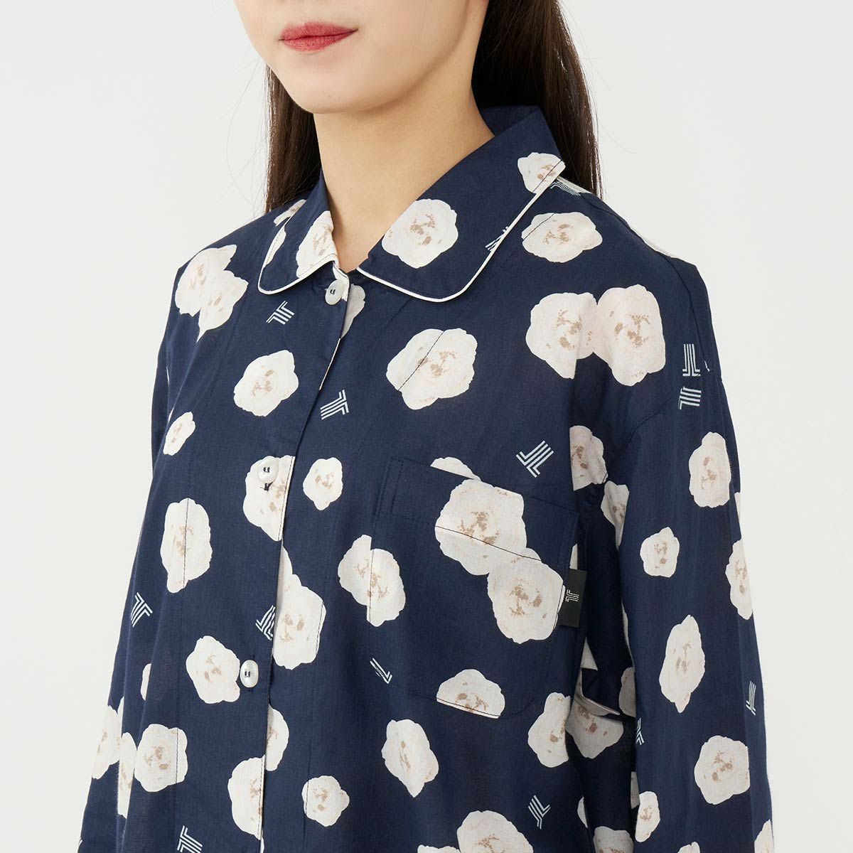 LANVIN COLLECTION 長袖 前開き ルームワンピース 綿100％ ポンポン