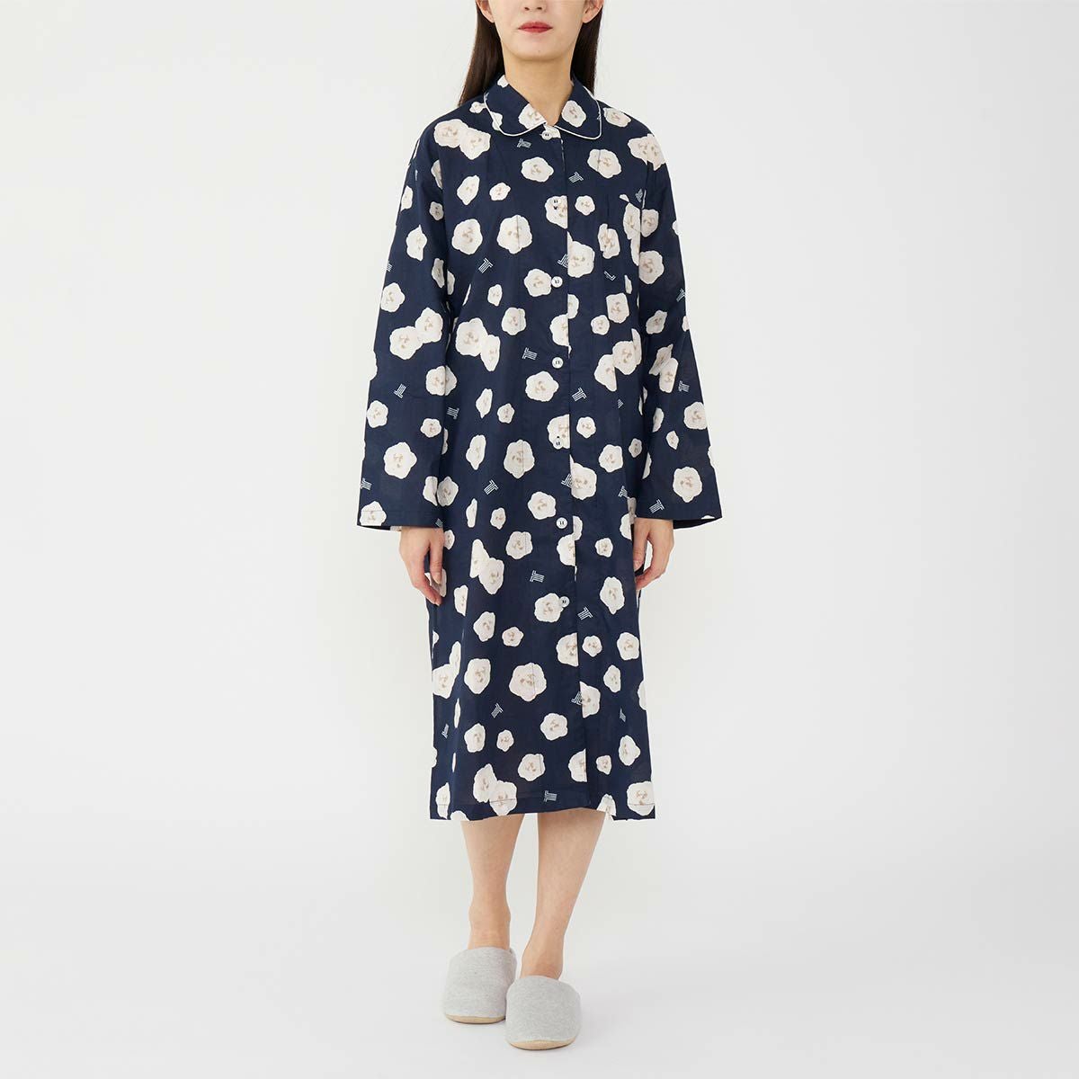 LANVIN COLLECTION 長袖 前開き ルームワンピース 綿100％ ポンポン