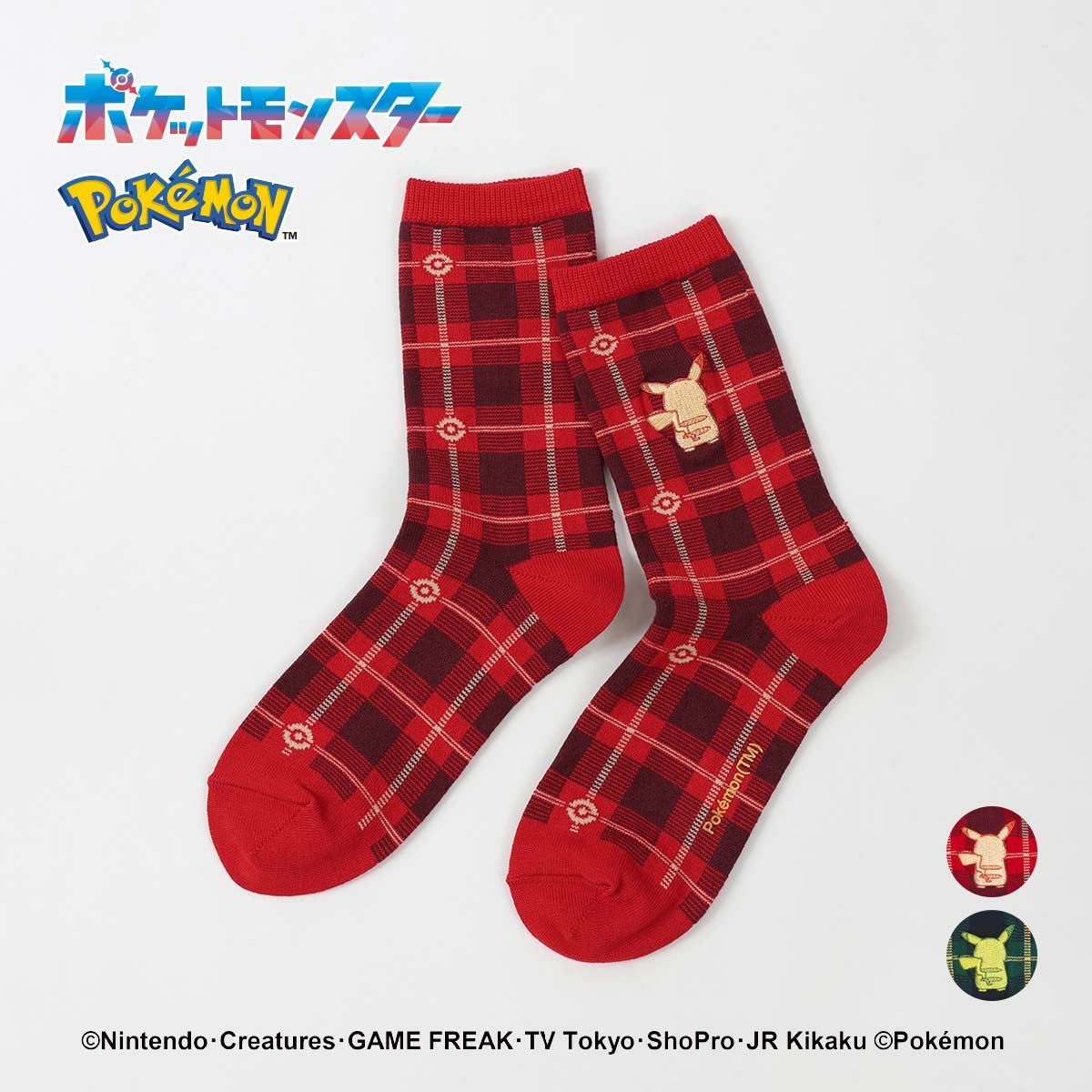 ポケモン ピカチュウ 刺しゅう Plaid1 クルー丈 カジュアル ソックス