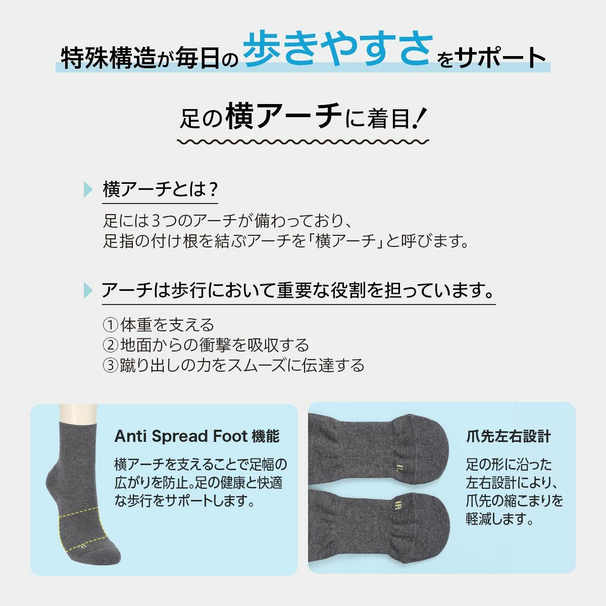みんなのくつした 【締めつけない靴下】 横アーチサポート クルー丈