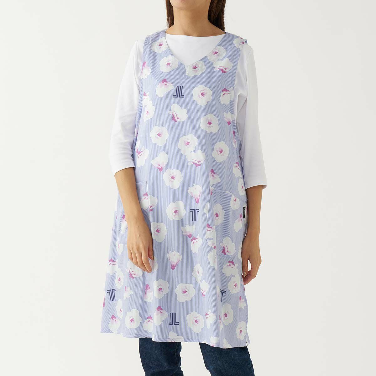 LANVIN COLLECTION ランバン コレクション 形態安定加工 綿100％ 横ボタン サイドボタン サテンストライプ ギワッシュローズ柄 背付き エプロン レディース 70045005