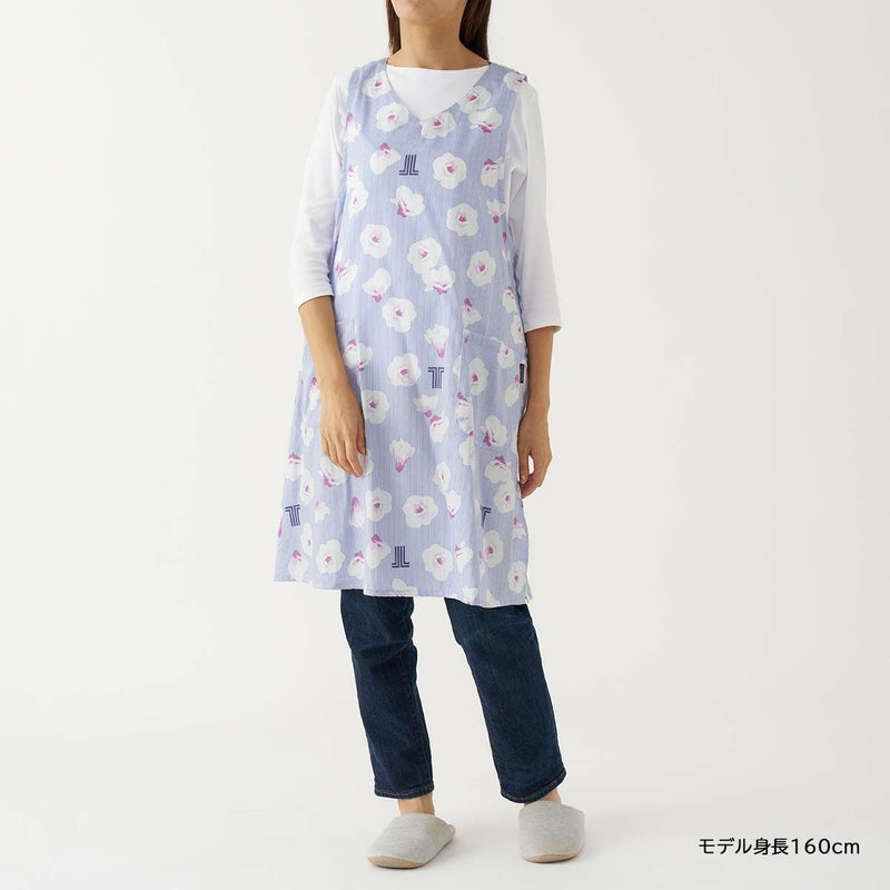 LANVIN COLLECTION ランバン コレクション 形態安定加工 綿100％ 横ボタン サイドボタン サテンストライプ ギワッシュローズ柄 背付き エプロン レディース 70045005