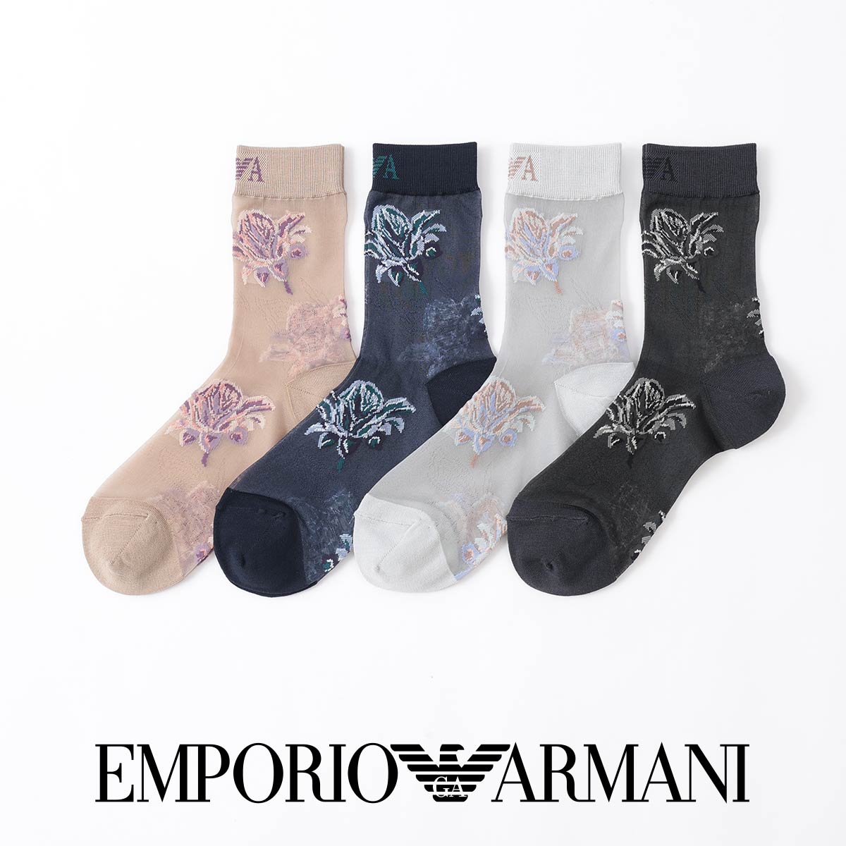 EMPORIO ARMANI フラワー シアー クルー丈 ソックス レディース 日本製